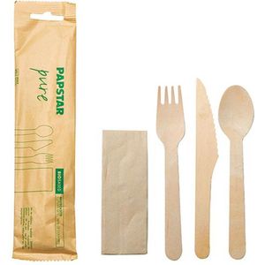 Papstar Bestekset Hout - 4in1 - Mes Vork Lepel Servet - In Papieren Sleeve - 30 stuks