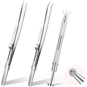 3 Pcs Ball Piercing Pliers - RVS Sieraden Pincet - Diamant Oppakgereedschap - Prong Claw Pincet - Punt Pincet - Schuin Edelstenen Grijper voor Steen Diamant Sieraden Parels