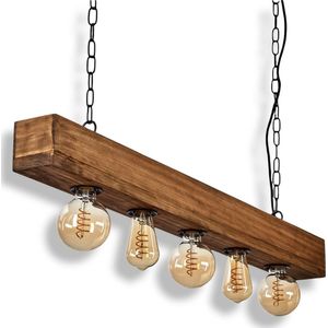 Houten Hanglamp Vintage Plafondlamp - Hanglamp van hout/metaal in donkerbruin/zwart, rechthoekige vintage hanglamp in industriële stijl, 5-vlam, 5 x E27 elk 60 watt, hoogte max. 120 cm, geschikt voor Ledlampen