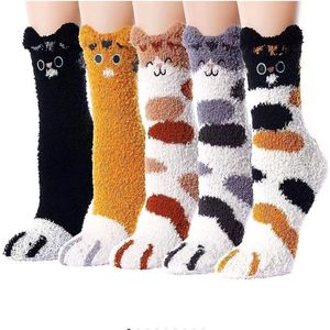 Ynkkvre -5 Paar Dames Sokken – Warme Fluffy Wintersokken met Kat Design, Bed- en Huissokken, Meerkleurig
