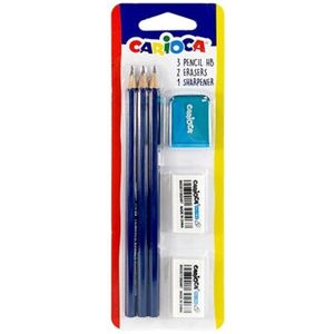 Carioca - 3 Grafiet potloden HB2 met 2 gummen en 1 puntenslijper - Hexagonaal - Zwart - In blisterverpakking