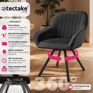 tectake® - Set van 4 eetkamerstoelen met armleuningen - Draaifauteuil in fluweellook - Woonkamerstoel, eetkamerstoel, gestoffeerde stoel - Kuipstoel - zwart