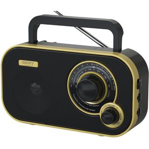 Camry CR 1910g Draagbare Radio – Noodradio - FM/AM – 2W Speaker – 3.5mm Hoofdtelefoonaansluiting – Netstroom & Batterij – Compact Ontwerp – Zwart/Goud