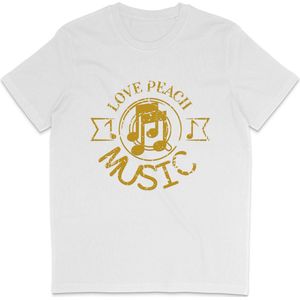 Heren Dames T Shirt - Print en Tekst: Love Peace Music - Wit - XS