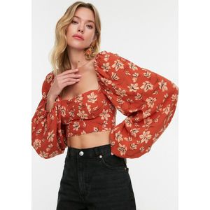 Trendyol Bloemenprint Crop Geweven Ballonmouw Strandblouse Tbess21Bz0749