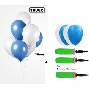 1000x Luxe Ballon blauw/wit 30cm + 3x dubbel actie pomp - biologisch afbreekbaar - Oktoberfest Festival feest party verjaardag landen helium lucht thema