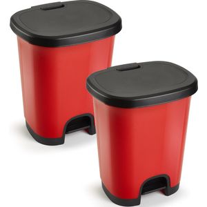 2x Stuks kunststof afvalemmer/vuilnisemmer/pedaalemmer in het rood/zwart van 18 liter met deksel/pedaal 33 x 28 x 40 cm