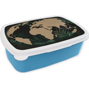 Broodtrommel Blauw - Lunchbox - Brooddoos - Wereldkaart - Wereldbol - Planten - 18x12x6 cm - Kinderen - Jongen