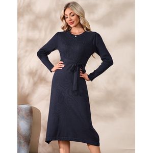 Dames Gebreide Jurk Winter Lange Mouw Trui Jurk Feestelijke Elegante Wikkeljurk Knielange Winterjurk Met Riem Marineblauw XXL