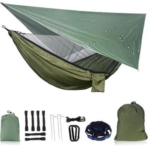 Enkele nylon parachutehangmat met klamboe en regenvliegzeil - Camping hangmat set met boomriemen voor buiten - Legergroen