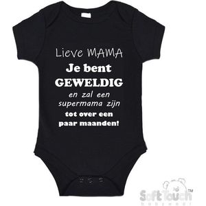 100% katoenen Romper ""Lieve MAMA je bent geweldig en zal een supermama zijn. Tot over een paar maanden!"" Unisex Katoen Zwart/wit 56/62