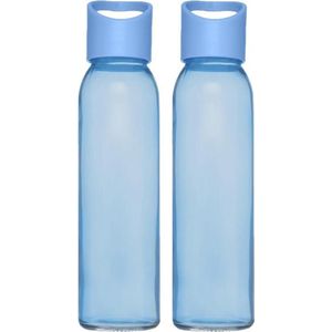 4x stuks glazen waterfles/drinkfles transparant blauw met schroefdop met handvat 500 ml - Sportfles - Bidon