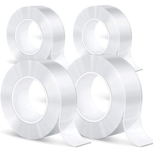 Nano-tape dubbelzijdig sterk 20 m - 4 stuks - transparant - multifunctionele plakband - wasbaar - spoorloos - 30 mm