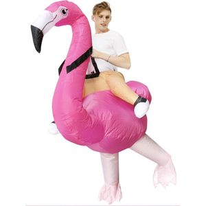 KIMU® Opblaas Kostuum Rijdend op Flamingo - Opblaasbaar Pak - Flamingopak Mascotte Opblaaspak - Opblaasbare Flamingo Vogel Roze Dames Heren Festival