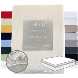 iSleep Dubbel Gebreide Jersey Topper Hoeslaken - Rondom Elastiek - Tweepersoons - 140x200/210/220 cm - Licht Beige
