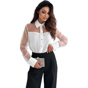 Mesh tops voor dames, lange mouwen, doorschijnend, kanten shirt, losse pasvorm, revers, elegante, ademende zomerse uitgaanstops