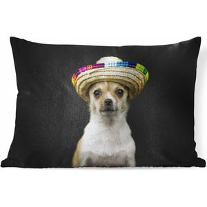 Sierkussens - Kussen - Hond met Mexicaans hoedje op zwarte achtergrond - 60x40 cm - Kussen van katoen