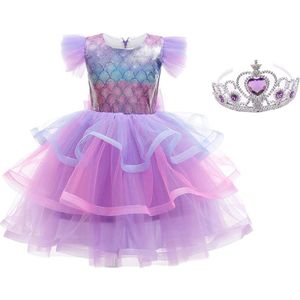 Zeemeermin jurk schubben Deluxe Prinsessen jurk + kroon - Maat 116/122 (130) verkleedjurk verkleedkleding