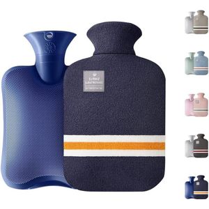 Kleine warmwaterkruik 1L - gebreide hoes - grote capaciteit - afneembare zachte hoes - pijnverlichting nek schouders - cadeau vrouwen mannen kinderen - marineblauw