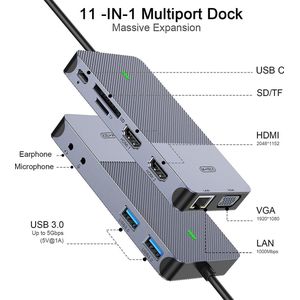 M-Teck Portable USB-C Docking Station - 2 x HDMI - 1 x VGA - 2 x USB-A - Ethernet - Kaartlezer - Audio In/Uit - Geschikt voor alle type MacBooks en Laptops
