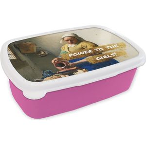 Broodtrommel Roze - Lunchbox - Brooddoos - Melkmeisje - Goud - Quotes - Schilderij - Oude meesters - 18x12x6 cm - Kinderen - Meisje