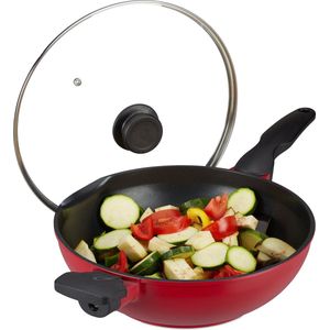 Relaxdays Wokpan met deksel - rode wok - aluminium - anti aanbaklaag - 30 cm - braadpan