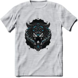 Tijger - Dieren Mandala T-Shirt | Lichtblauw | Grappig Verjaardag Zentangle Dierenkop Cadeau Shirt | Dames - Heren - Unisex | Wildlife Tshirt Kleding Kado | - Licht Grijs - Gemaleerd - 3XL