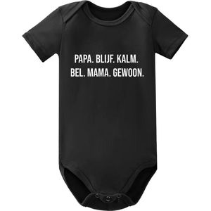 Baby Rompertje 3 tot 6 maanden – Zwart | 'PAPA. BLIJF. KALM. BEL. MAMA.' – 100% Katoen – Kraamcadeau