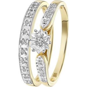 Lucardi Dames Dubbele ring 20 diamanten 0,10ct - Ring - Cadeau - 14 Karaat Goud - Geelgoud