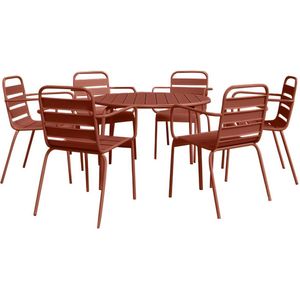 MYLIA Tuineethoek van metaal - Een ronde tafel D130 cm en 6 opstapelbare fauteuils - Terracotta - MIRMANDE van MYLIA L 130 cm x H 79 cm x D 130 cm