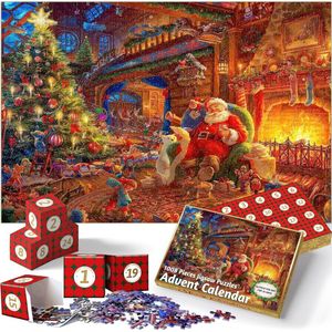 Adventskalender 2025 - Kersttafereel 24 Dagen Puzzel Aftelkalender - Voor kinderen, jongens, meisjes, tieners - 1000-delige puzzel adventskalender - Willekeurige puzzelvolgorde - Legpuzzel van de Kerstman