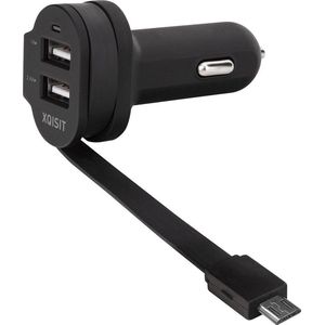 XQISIT Autolader - met vaste Micro-USB Kabel en 2 USB Poorten - 1A/2.4A - Zwart