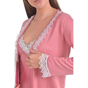 Dames Katoen Pyjama | 4-delige set | Katoen nachtkleding | Katoen nachthemd | Elegant Katoen Ochtendjas | Cadeau voor dames | kleur: roos | maat: 3XL