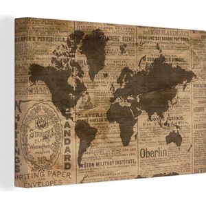 Wanddecoratie Wereldkaart - Retro - Krant - Canvas - 60x40 cm