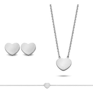 New Bling 9NB-SET031 Zilveren Sieraden Set - Dames - Ketting met Hartje - 38 + 5 cm - Armband met Hartje - 16,5 + 3 cm - Oorknoppen Hartjes - 6,6 x 7,6 mm Rhodium - Zilver