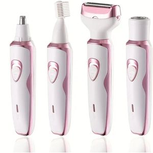 Oplaadbare 4-in-1 Miguan Scheerapparaat voor Dames – Precisietrimmer, Neustrimmer, Baard/Wenkbrauwtrimmer + Full Body Shaver – Pijnloze Ontharing – USB-Oplaadbare Dames Trimmer – Voor een complete en perfecte Lichaamshaar verzorging - Kleur Wit/Roze