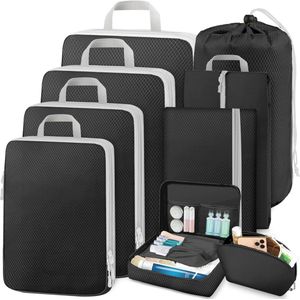 Kofferorganizerset, 9-delig, ruimtebesparende pakkubussen compressie, ultralichte verpakkingskubussen met compressie, waterdichte reisorganizer, paktassen voor koffer, rugzak, zwart