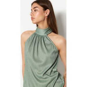 Trendyol Munt Normaal/Normaal Patroon Opstaande Kraag Pasvorm Geplooide Flexibele Gebreide Blouse Twoss23Bz00952