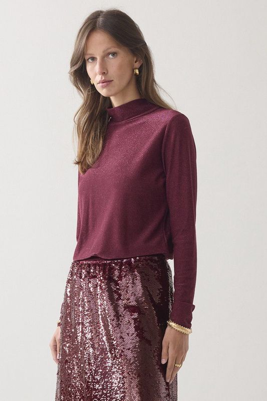 Top - Merlot - Fitted Longsleeve - Italiaanse Melange Jersey met Lurex