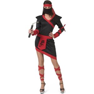 Funny Fashion - Ninja & Samurai Kostuum - Rood Zwarte Ninja Strijder Vol Doodsverachting - Vrouw - Rood, Zwart - Maat 36-38 - Carnavalskleding - Verkleedkleding