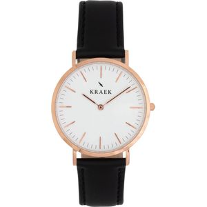 KRAEK Teal Rosé Goud Wit 36 mm - Dames Horloge - Zwart horlogebandje - Leren bandje - inclusief pushpin