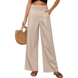 Dames Zomerbroek Katoen Linnen Effen Kleur Wijde Pijpen Hoge Taille Palazzo Broek met Zakken