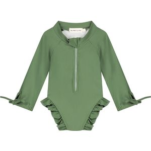 Supercute badpak UV-Zwempak - UPF50+ donkergroen met lange mouwen, ruffels en drukknoop sluiting maat 62/68