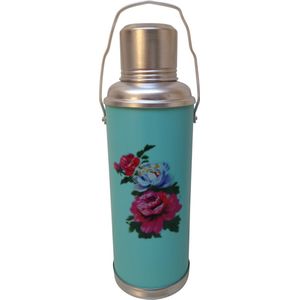 DongDong - Chinese Thermoskan - 1,2 Liter - Turquoise - Roos dessin