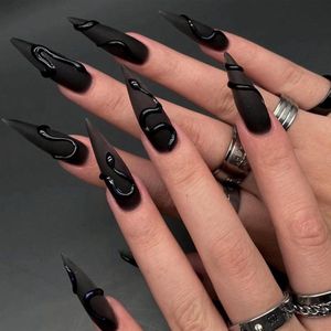 EGoods - Set van 24 zwarte stiletto kunstnagels voor vrouwen met glanzende afwerking reef en makkelijk aan te brengen.