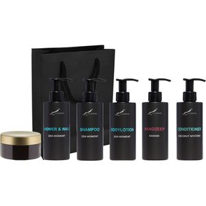 Compleet pakket Zen Moment - Shower & Wash + Shampoo + Bodylotion + Hamam Handzeep + Coconut conditioner + Scrubzout 300 gram - 300 ml per fles - complete set van 6 stuks - met luxe gift tas - cadeau - giftset voor hem en haar