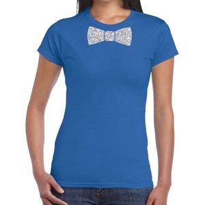 Blauw fun t-shirt met vlinderdas in glitter zilver dames - shirt met strikje XS