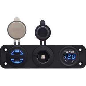 ProRide 12V USB C Autolader 2 Poorten - 30W/QC4.0 - Voltmeter en 12V/24V Sigarettenplug - Drievoudig inbouw