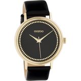 OOZOO Timepieces - goudkleurige horloge met zwarte leren band - C10835 - Ø42
