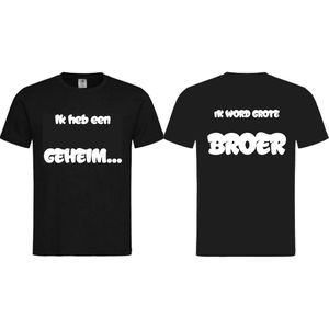 Shirt Aankondiging zwangerschap ""Ik heb een GEHEIM..."" op voorkant ""Ik word grote BROER"" op achterkant | korte mouw | zwart/wit | maat 110/116 zwangerschap aankondiging bekendmaking Baby big bro brother Grote Broer